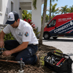 Cornerstone Plumbing Company technician inspecting residential plumbing lines outside a Florida home during a whole house repipe project