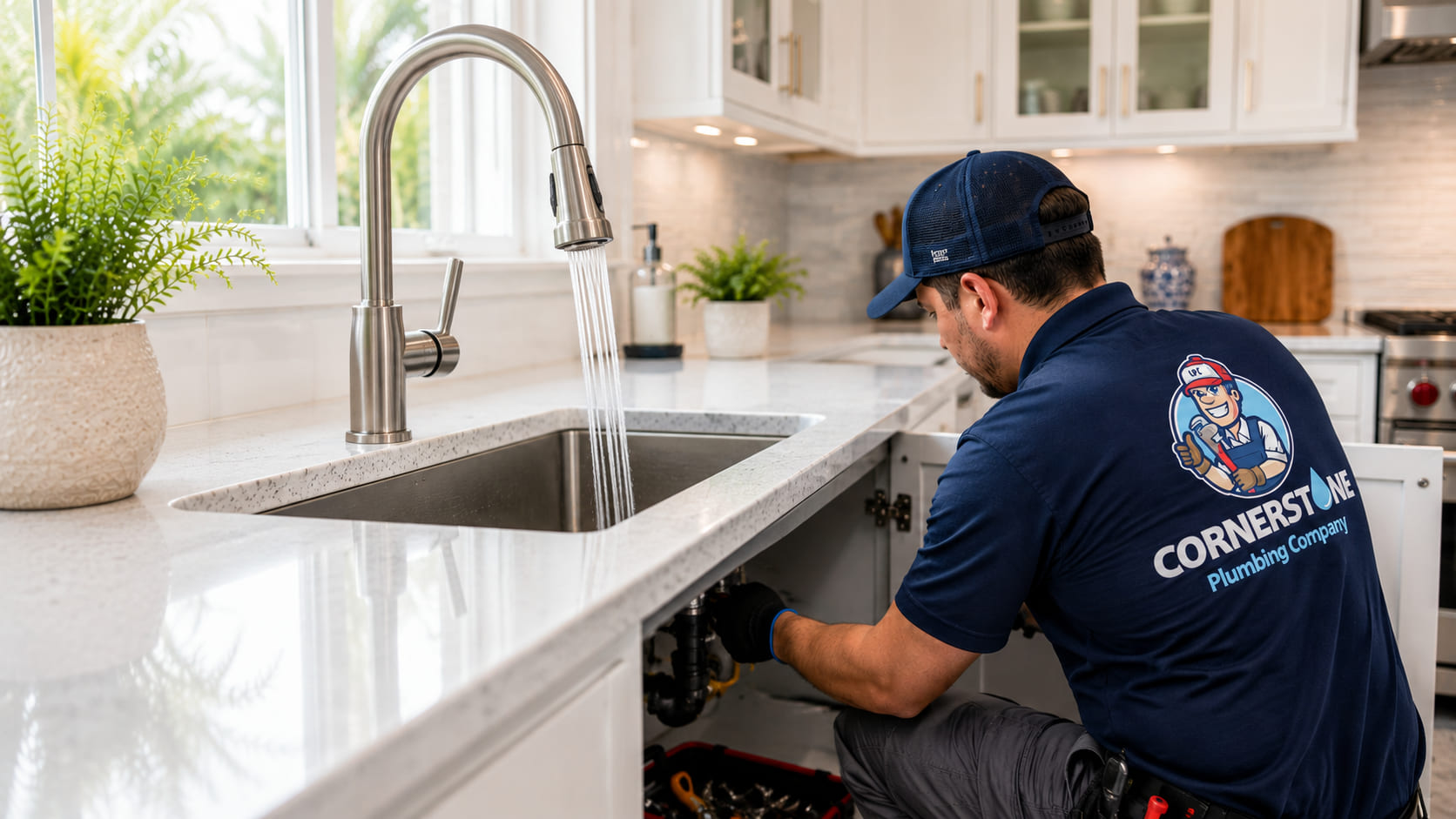 Professional plumber installing a kitchen faucet and sink in Tampa Bay Florida