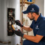 Plumber testing an electric water heater heating element during a repair service in Tampa, Florida