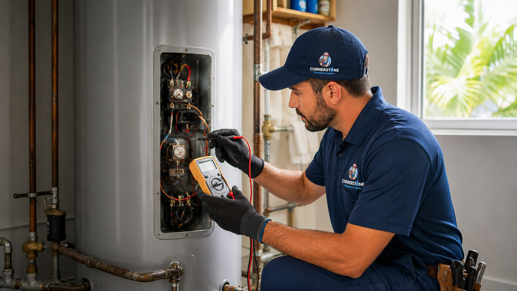 Plumber testing an electric water heater heating element during a repair service in Tampa, Florida