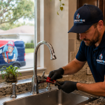 Cornerstone Plumbing Company technician repairing a leaking kitchen faucet in a Tampa Bay home.