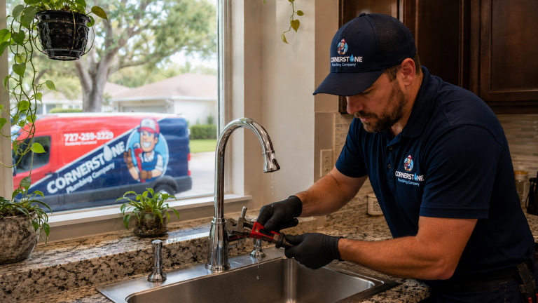 Cornerstone Plumbing Company technician repairing a leaking kitchen faucet in a Tampa Bay home.