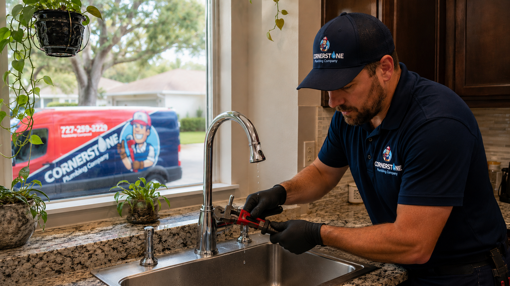 Cornerstone Plumbing Company technician repairing a leaking kitchen faucet in a Tampa Bay home.