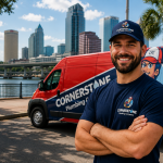 Commercial plumber standing in front of a Cornerstone Plumbing service van providing commercial plumbing services throughout Tampa Bay.