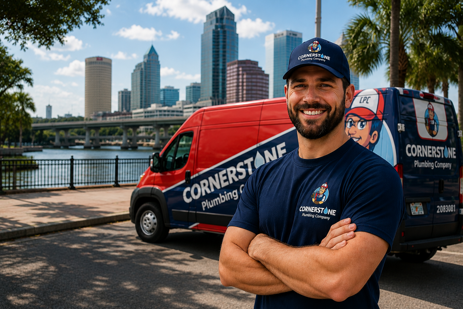 Commercial plumber standing in front of a Cornerstone Plumbing service van providing commercial plumbing services throughout Tampa Bay.