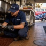 Cornerstone Plumbing technician repairing commercial kitchen plumbing beneath a restaurant prep sink in St. Petersburg, Florida.