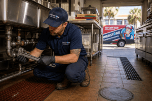 Cornerstone Plumbing technician repairing commercial kitchen plumbing beneath a restaurant prep sink in St. Petersburg, Florida.