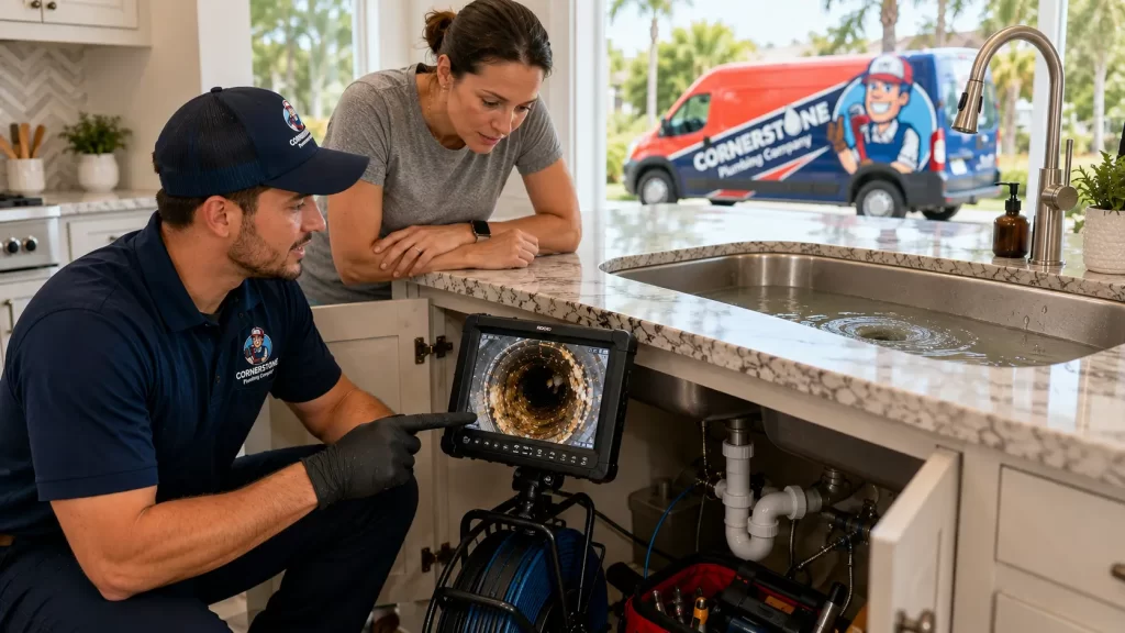 Cornerstone Plumbing technician performing a sewer camera inspection to diagnose a clogged residential drain in Tampa Bay.