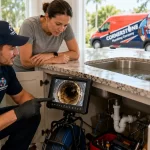 Cornerstone Plumbing technician performing a sewer camera inspection to diagnose a clogged residential drain in Tampa Bay.