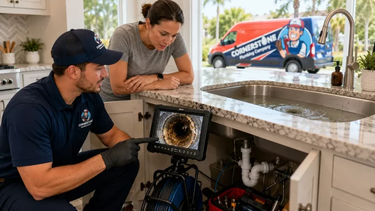 Cornerstone Plumbing technician performing a sewer camera inspection to diagnose a clogged residential drain in Tampa Bay.