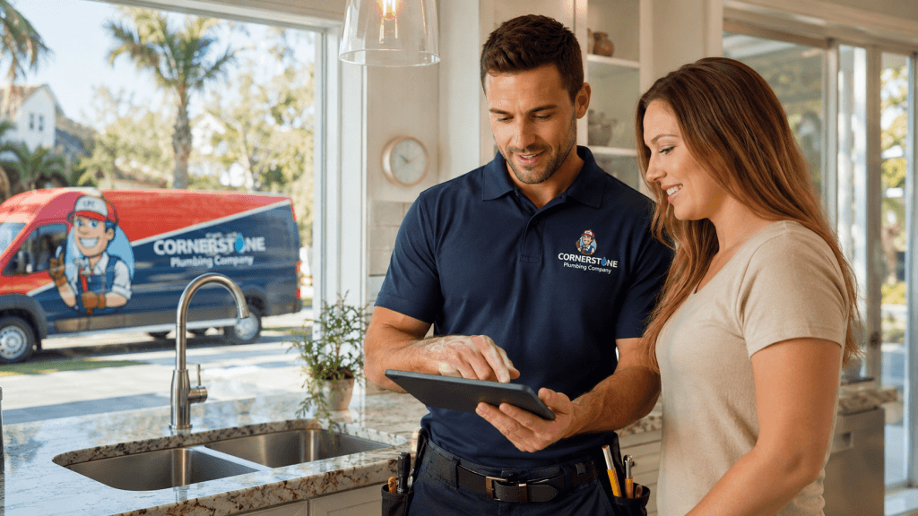 Affordable plumber in Clearwater FL discussing plumbing service options with a homeowner