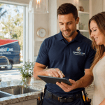 Affordable plumber in Clearwater FL discussing plumbing service options with a homeowner