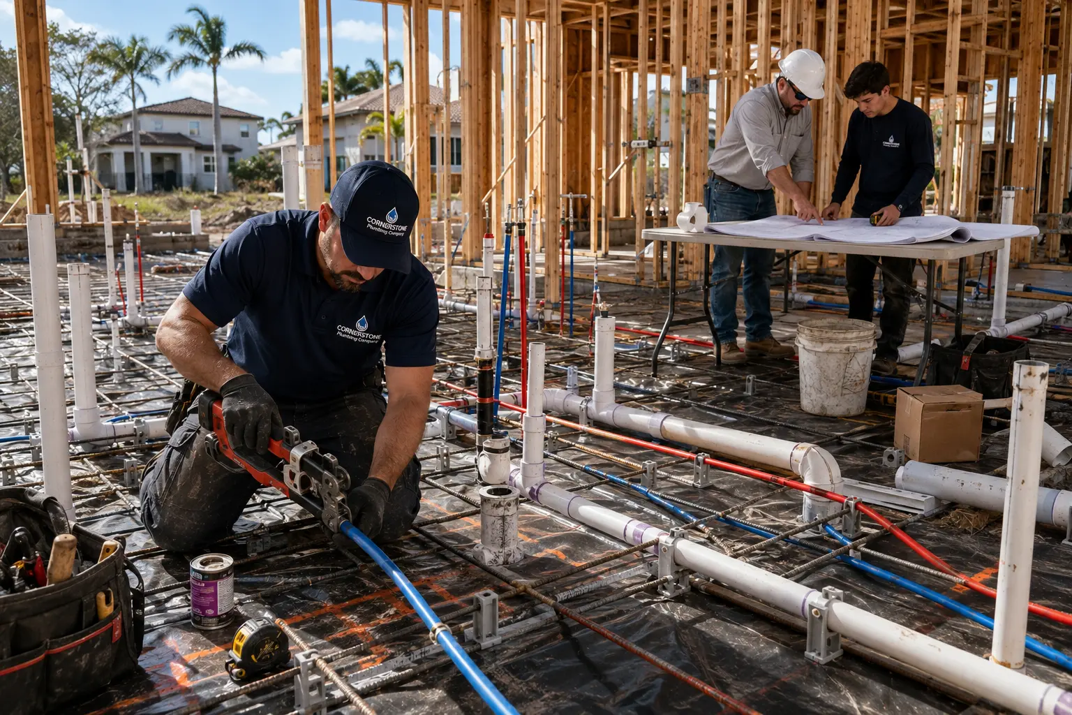 New construction plumbing contractors in Tampa Bay installing underground plumbing