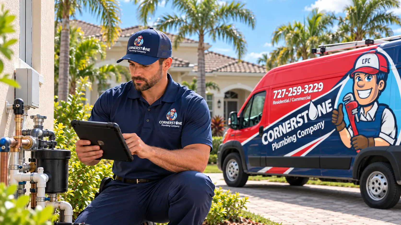 Expert residential plumbing contractors in Tampa Bay inspecting a home