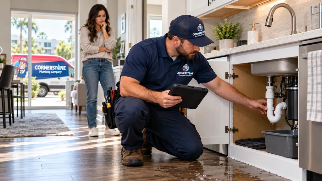 Emergency plumber inspecting a leaking kitchen sink in a St. Petersburg apartment